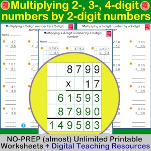 Puede incluir: Una colección de hojas de trabajo educativas de matemáticas con problemas de multiplicación de números de 2, 3 y 4 dígitos. Las páginas incluyen cuadrículas para resolver ecuaciones, con un círculo central que muestra 8799 multiplicado por 17.