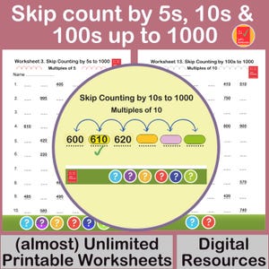 Skip counting by 5, 10 & 100 | Unlimited Differentiated Printable Worksheets + Digital Teaching Resource