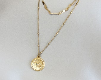 Waterproof Evil Eye Layered Necklace 18K Gold Chain Dainty Gold Protection Necklace Minimalist Pendant Eye Necklace Jewelry Gift for Her Mom