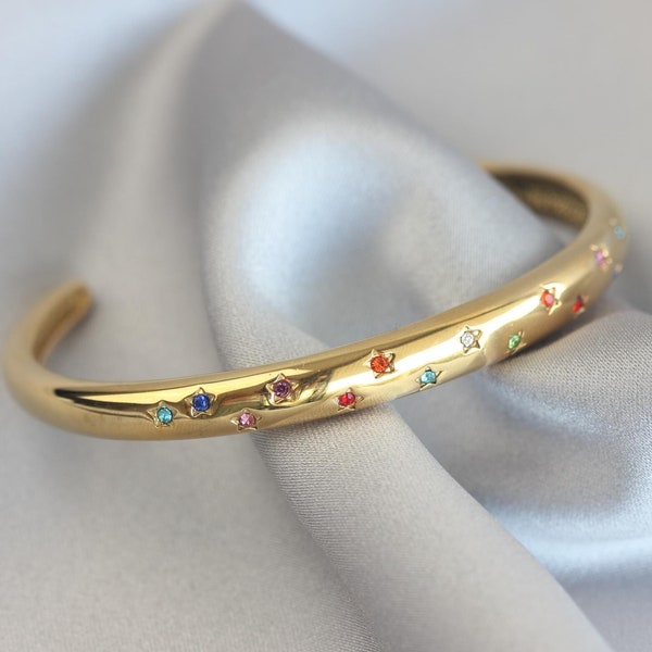 18K Gold Cuff Bracelet Celestial Open Bangle Stacking Gold Bracelet Waterproof Cuff Bracelet Unique Jewelry Bracelet Gift for Mom