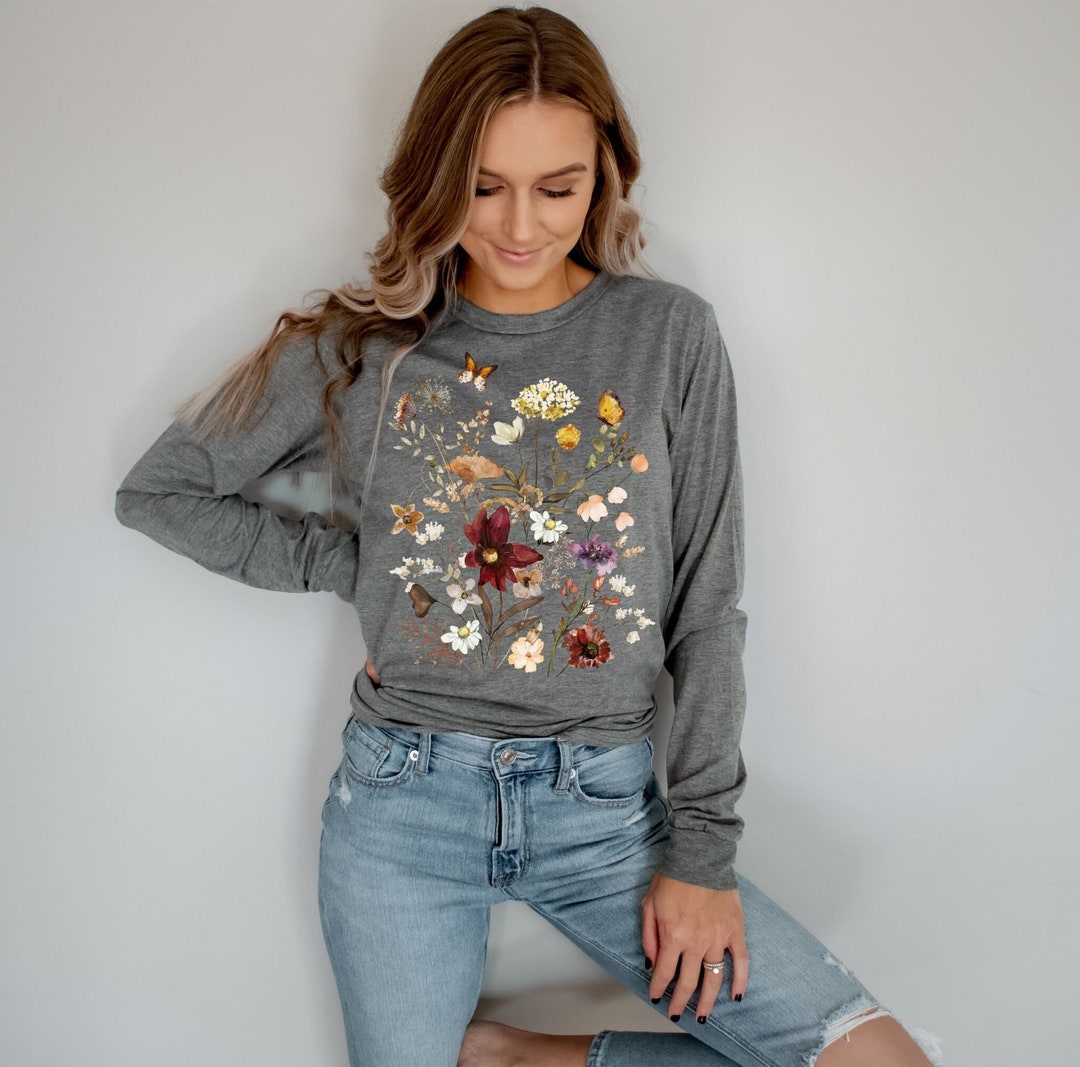 Pressed Flowers Long Sleeve Shirt Boho Wildflowers Cottagecore Shirt Vintage Botanical Tee Fall