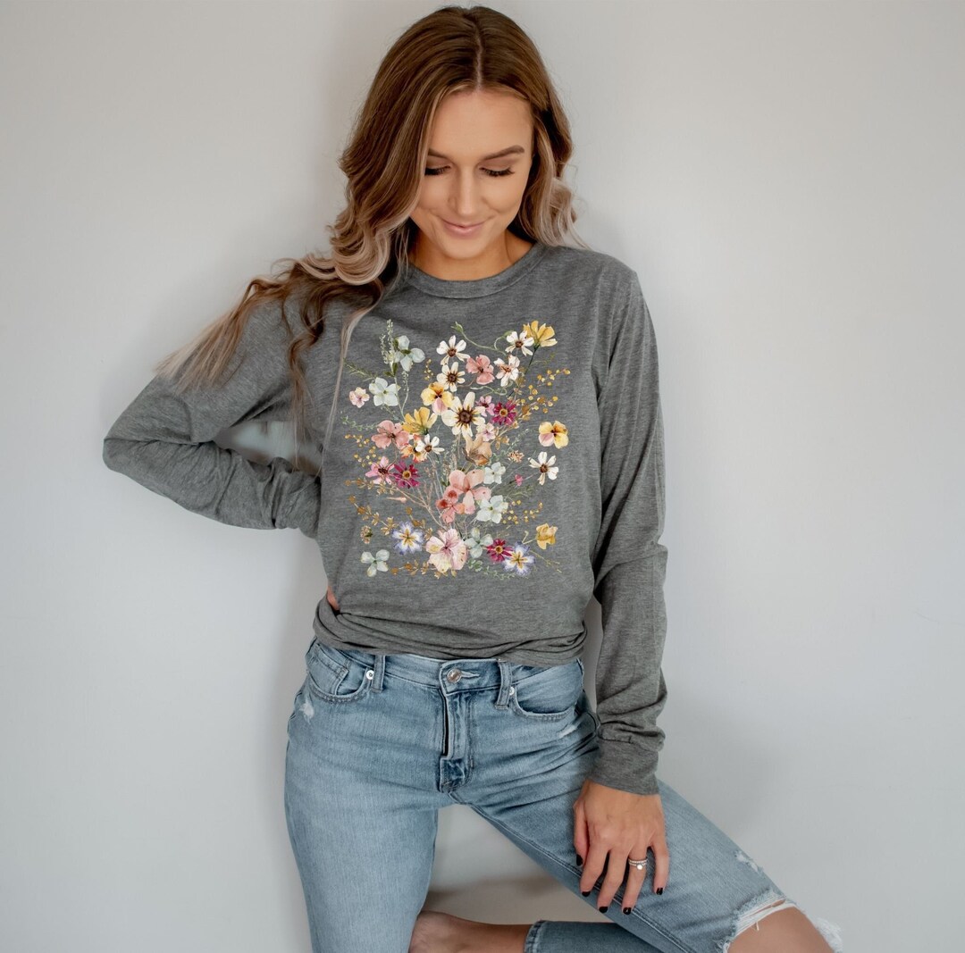 Vintage Pressed Wildflowers Long Sleeve Shirt Boho Wildflowers Cottage ...