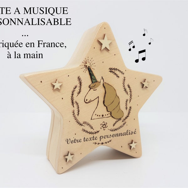 Boîte à musique licorne étoile en bois fait main