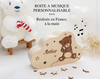 Boîte à musique ourson, cadeau naissance, boîte à musique enfant, boîte à musique artisanale, cadeau personnalisable, boite à musique nuage