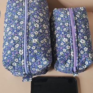 Floral Makeup Bag, Quilted Makeup Bag, Cute Makeup Bag, Boxy Make up Bag, Blue Floral Makeup bag image 10