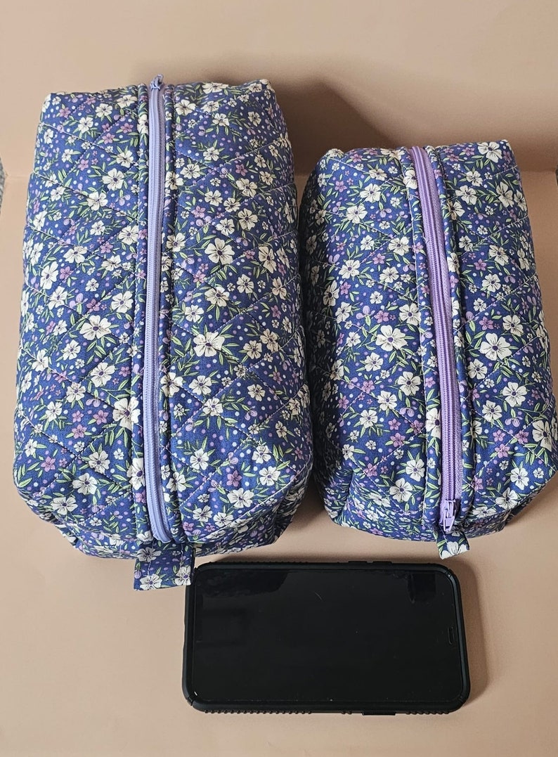 Floral Makeup Bag, Quilted Makeup Bag, Cute Makeup Bag, Boxy Make up Bag, Blue Floral Makeup bag image 10