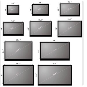 May include: A collection of ten rectangular screens of varying sizes, each with black borders and gray interiors. Measurements in inches are displayed around each screen, ranging from 5.2" x 3.9" to 16.2" x 9.1", indicating screen dimensions.