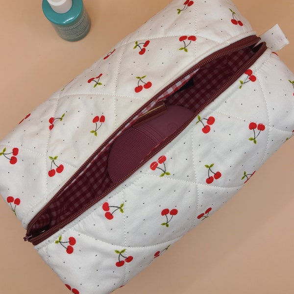 Cherry Quilted Makeup Bag, Cotton Cosmetic Bag