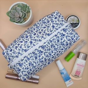 Floral Makeup Bag, Quilted Makeup Bag, Cute Makeup Bag, Boxy Make up Bag, Blue Floral Makeup bag image 4