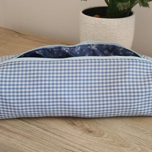 A blue and white checkered bag is placed on a wooden surface, with a potted plant visible in the background.