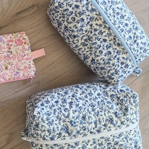 Floral Makeup Bag, Quilted Makeup Bag, Cute Makeup Bag, Boxy Make up Bag, Blue Floral Makeup bag image 8
