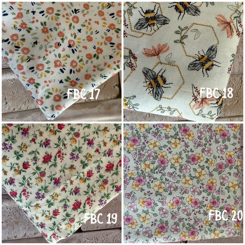 May include: Four fabric swatches labeled FBC 17, FBC 18, FBC 19, and FBC 20. FBC 17 features small peach flowers. FBC 18 shows bees and honeycombs. FBC 19 displays tiny red, purple, and green floral patterns. FBC 20 has small pink and yellow flowers.