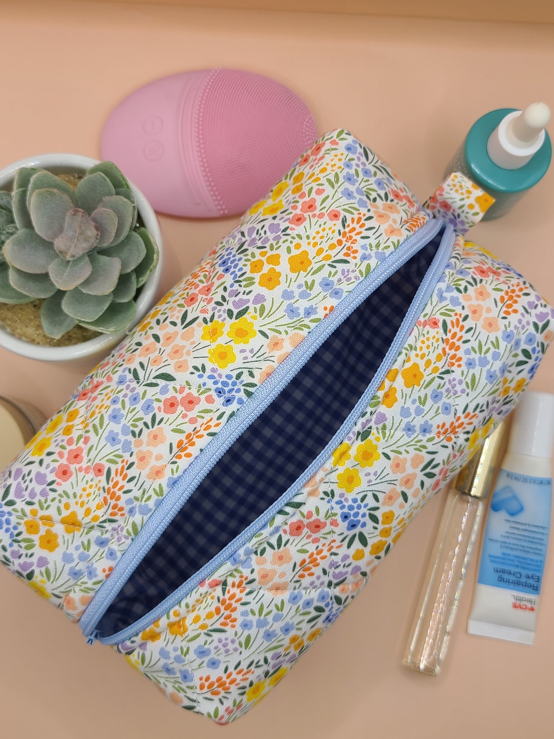 Floral Makeup Bag, Quilted Makeup Bag, Cute Makeup Bag, Boxy Make up ...