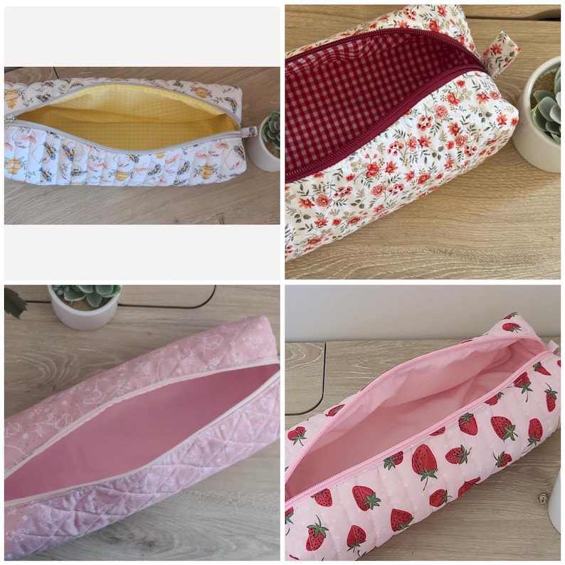 May include: A collection of four quilted zippered pouches featuring various patterns: a white bee print with yellow lining, a floral print with red gingham lining, a pink patterned fabric with solid pink lining, and a pink strawberry print.