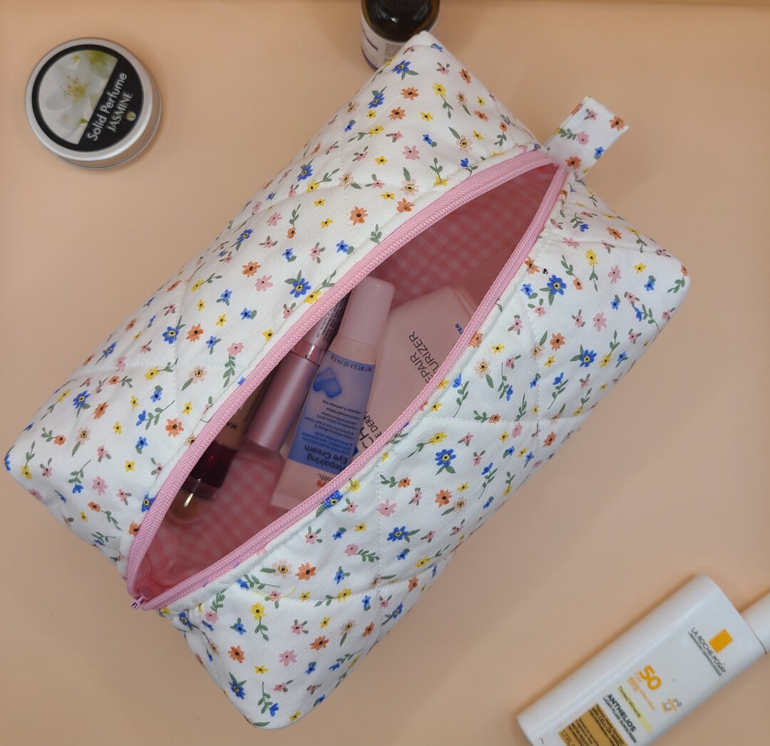 Floral Makeup Bag, Quilted Makeup Bag, Cute Makeup Bag, Boxy Make up