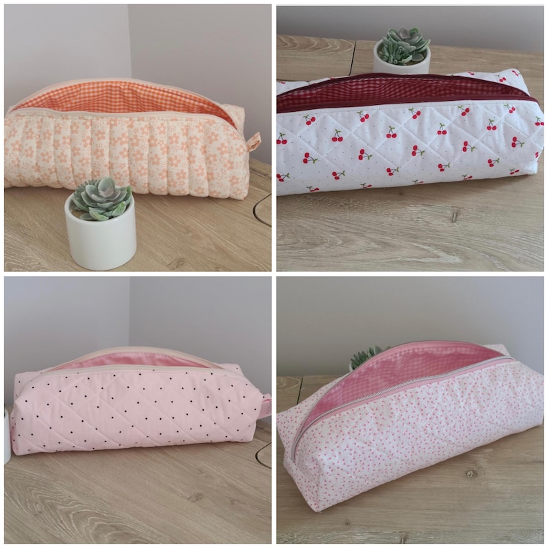 May include: A collection of four rectangular quilted zippered pouches. One features peach flowers with an orange gingham lining, one has red cherries on white with a dark red lining, one is pink with black dots, and one has tiny pink flowers.