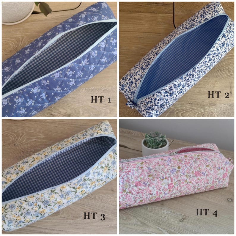 May include: Four rectangular fabric pencil cases with zippered openings. HT 1 is quilted blue with white flowers and a black gingham lining. HT 2 is blue floral with a blue gingham lining. HT 3 is yellow and blue floral with black gingham. HT 4 is pink floral.