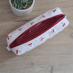 Quilted pencil case, slim pencil case, floral pencil case, pencil organizer, Cherry Pencil Pouch