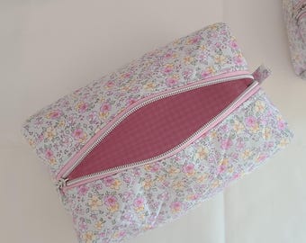 Floral Makeup Bag, Quilted Makeup Bag, Cute Makeup Bag, Boxy Make up Bag,  Blue  Floral Makeup bag