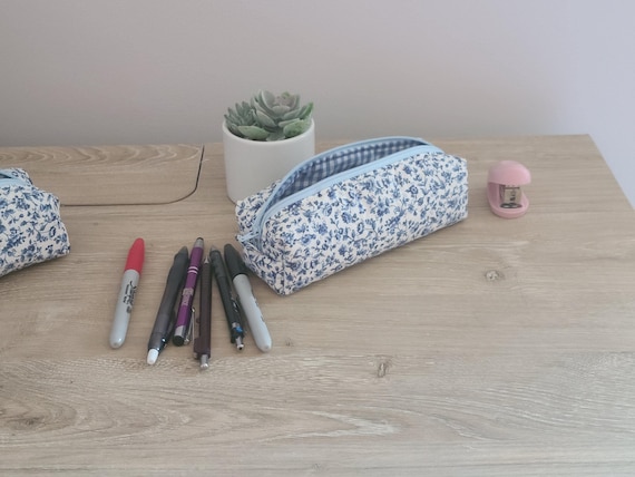 Handmade Quilted Floral Pencil Case: Slim Zipper Brush Bag