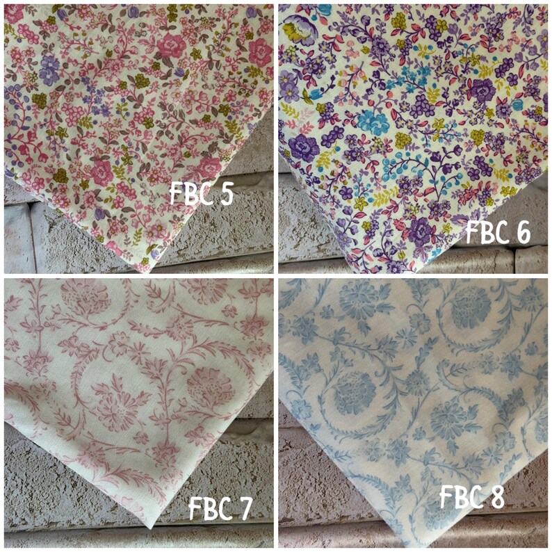 May include: Four fabric swatches featuring floral patterns. FBC 5 displays pink and green flowers on a cream background. FBC 6 shows purple, blue, and yellow flowers. FBC 7 features a pink monochromatic floral print. FBC 8 shows a blue floral print.