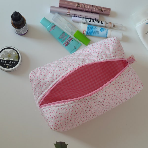 Pink Hearts Makeup Bag, Quilted Makeup Bag, Bride Makeup Bag, Wedding Makeup Bag