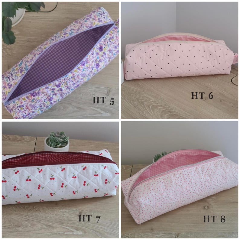 May include: Four rectangular fabric pouches with zippered openings. HT 5 features a purple floral print with a gingham interior. HT 6 is quilted pink with black dots. HT 7 is quilted white with red cherries. HT 8 is quilted pink with a floral pattern.