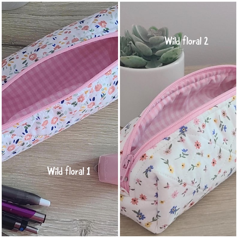 Puede incluir: Dos estuches acolchados con base de tela blanca y un colorido estampado floral de peque&ntilde;as flores rosas, azules y amarillas. Los estuches tienen una cremallera rosa y un forro interior de cuadros vichy rosa y blanco. Etiquetas Wild floral 1 y 2.