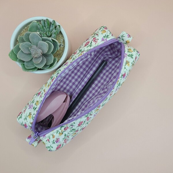 Beige - Handcrafted Cotton Quilted Pencil Pouch 04