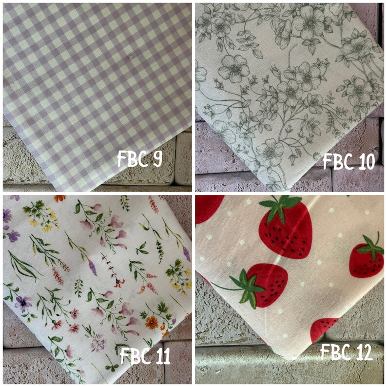 May include: Four fabric swatches labeled FBC 9 through FBC 12. FBC 9 is a light purple and white gingham check. FBC 10 features a grey floral line drawing on white. FBC 11 displays colorful wildflowers on white. FBC 12 shows red strawberries on white.