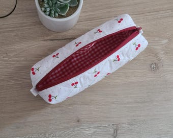 Quilted Cherry Pencil Case: Slim Floral Pen Pouch