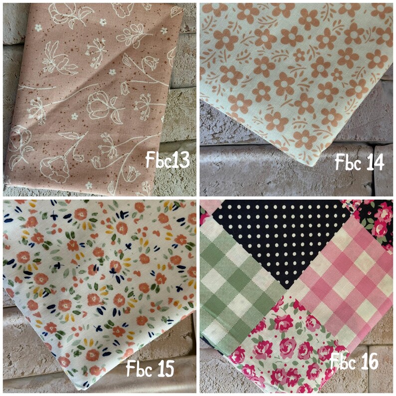 May include: Four fabric swatches labeled Fbc13, Fbc14, Fbc15, and Fbc16. Fbc13 is dusty rose with white line-art flowers. Fbc14 is cream with peach flowers. Fbc15 is white with small peach and green floral patterns. Fbc16 is a patchwork of polka dots, gingham, and roses.