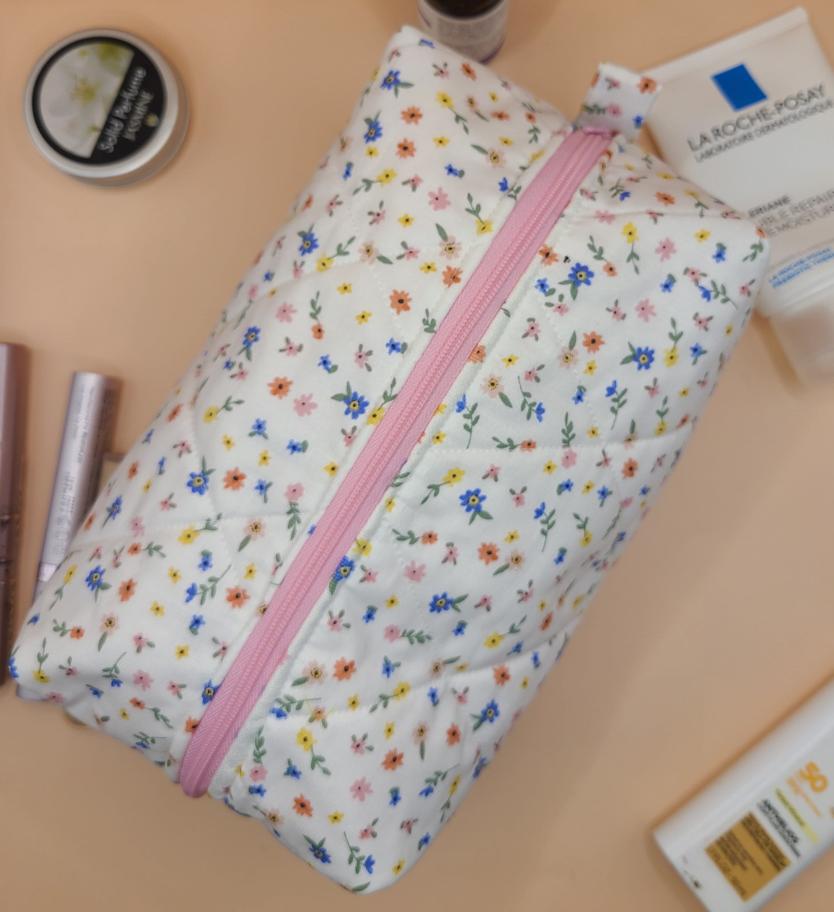 Floral Makeup Bag, Quilted Makeup Bag, Cute Makeup Bag, Boxy Make up