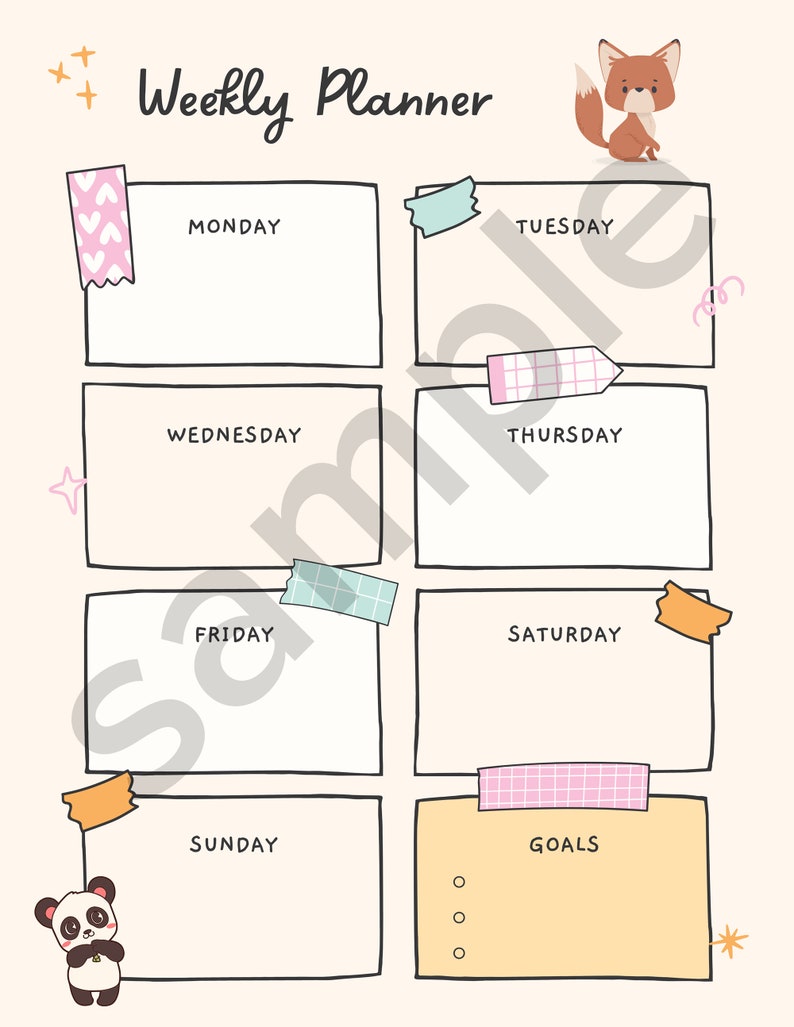 Cute Animals Weekly Planner Printable Weekly Planner Digital Weekly
