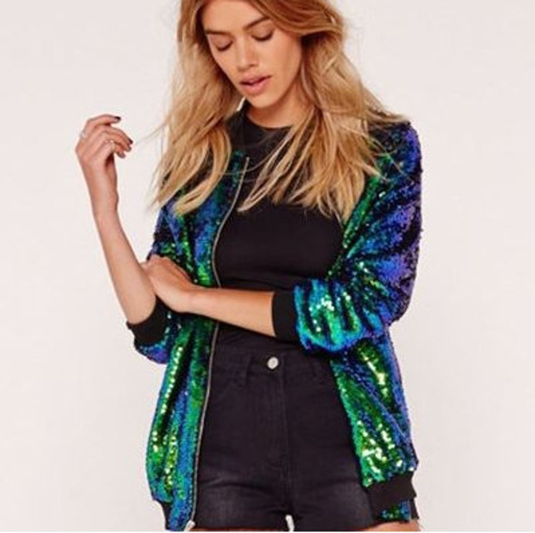 Women Sequin Glitter Bomber Jacket Etsy UK