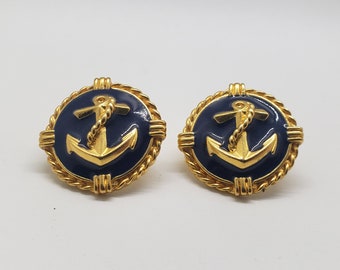 Vintage 1980's Nautical Earrings Goldtone Anchor Pushback Navy Enamel Studs
