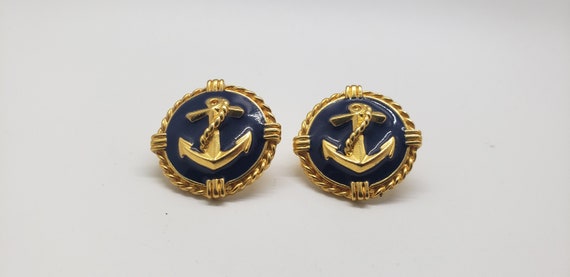 Vintage 1980's Nautical Earrings Goldtone Anchor Pushback 