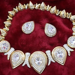 Kenneth Jay Lane KJL Mogul Set Art Deco Collar Bib Necklace Rhinestone Clip On Earrings 1980&#39;s Goldtone