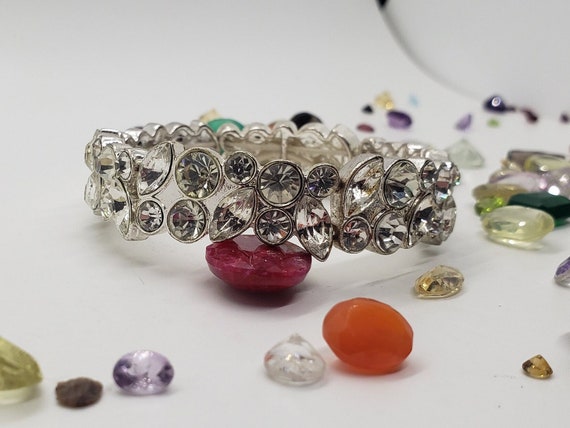 Clear Crystal Cuff Rhinestone bangle silvertone s… - image 1