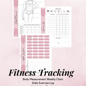 Könnte beinhalten: Ein druckbarer Fitness-Tracker in einem rosa-weißen Farbschema. Der Tracker enthält Abschnitte für Körpermaße, ein Übungsprotokoll und eine Gewichtsabnahme-Verfolgung. Das Bild enthält eine Strichzeichnung einer Frau.