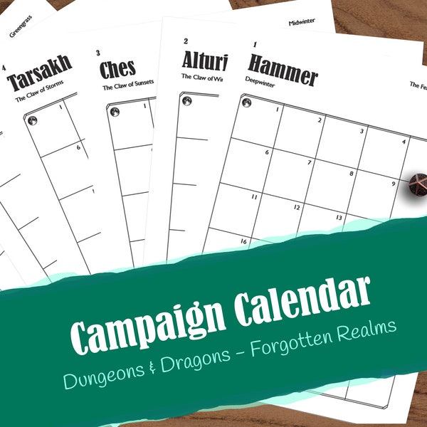 Minimalist Campaign Calendar | D&D 5e | Forgotten Realms, Faerun, Toril, Sword Coast | Lunar and Solar Cycle (PDF - Printable and Fillable)