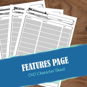 D&D Features page for Character Sheet | Dungeons and Dragons 5e | List Features and Traits (Printable and Fillable PDF)