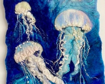 One-of-a-kind felted artwork with Jellyfish (16.5*12.6 inches).