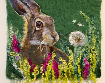 Summer hare and a  dandelion  wet felt wall hanging