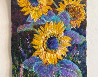 Original one-of-a-kind felted artwork  Sunflowers (17*26  inches)