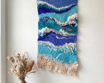 One-of-a-kind wet  felted wall hanging Ocean waves (14*29 inches)