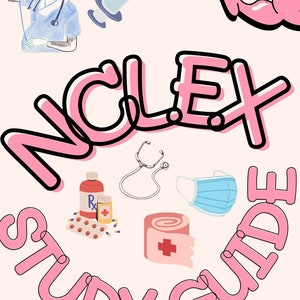 Könnte beinhalten: Rosa und schwarze Illustration des Wortes "NCLEX STUDY GUIDE" mit medizinischen Symbolen wie einem Stethoskop, Pillen, einem Verband und einer Gesichtsmaske. Der Text "PASS THE NCLEX ON YOUR FIRST TRY!" befindet sich in einer rosa Sprechblase.