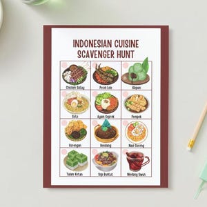 Könnte beinhalten: Ein druckbares indonesisches Küchensuchspiel mit Illustrationen verschiedener indonesischer Gerichte, darunter Chicken Satay, Pecel Lele, Klepon, Soto, Ayam Geprek, Pempek, Gorengan, Rendang, Nasi Goreng, Talam Ketan, Sop Buntut und Wedang Uwuh.