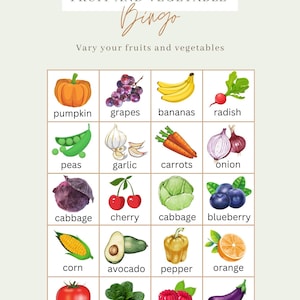 Juego de bingo de frutas y verduras / Descargar PDF / 11 páginas