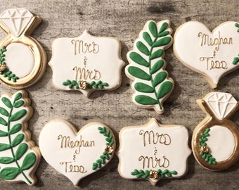 1 Dozen Eucalyptus Bridal Cookies | Engagement, Wedding, Bridal Shower Cookies | Eucalyptus, Heart, Plaque, Ring